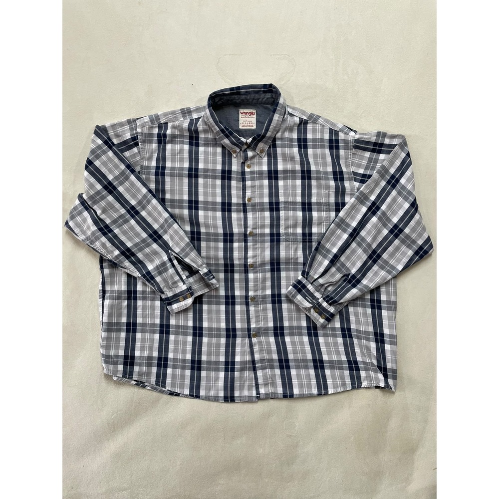 Wrangler Authentics Mens 4XL Plaid Button Down Shirt Blue White Cotton HXP2LBD